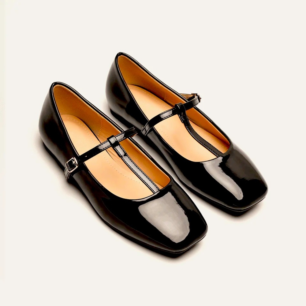 MARCELLE VIGNON

Patent Midnight Black T-Strap Mary Jane Flat